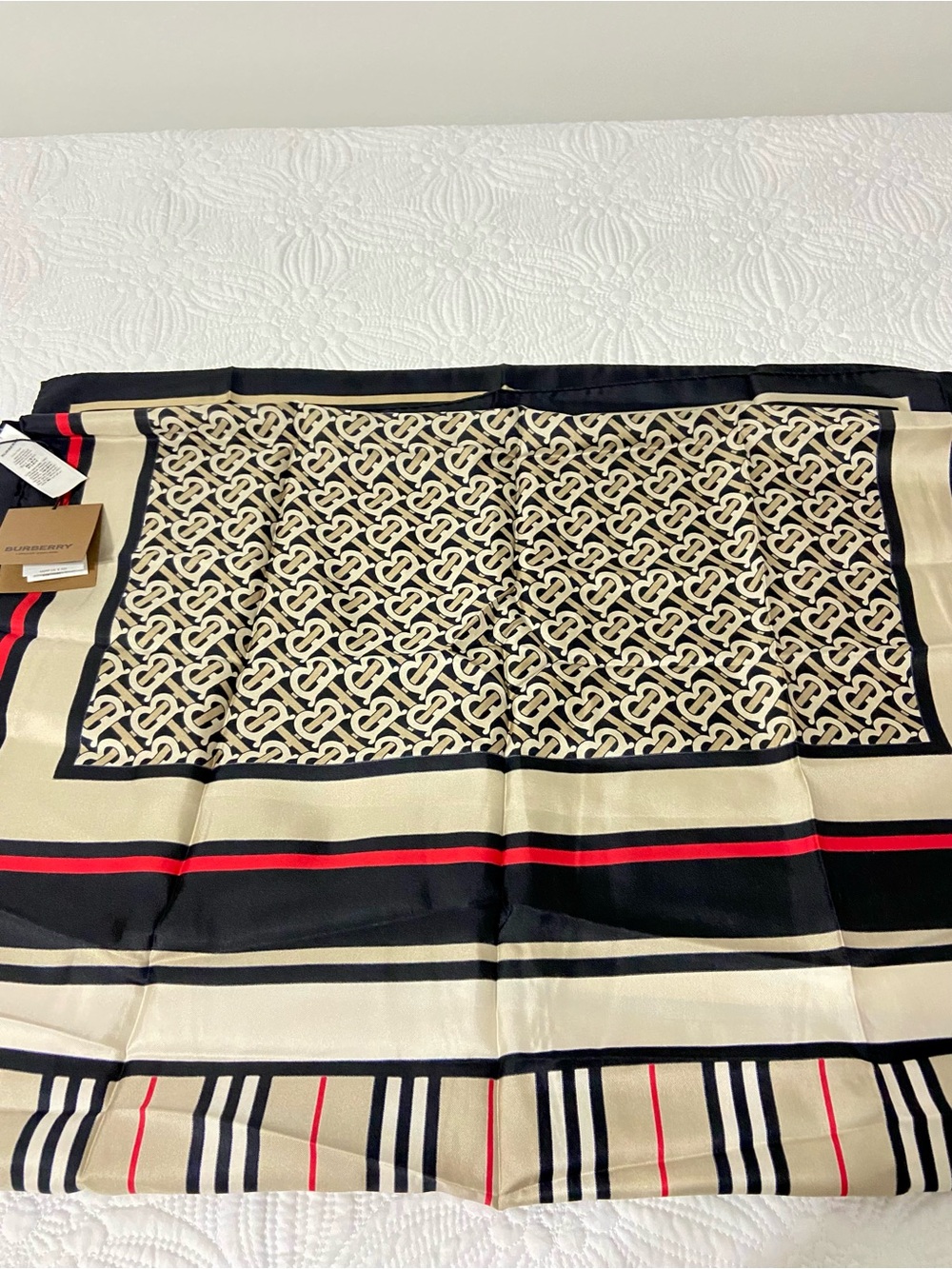 Burberry Black, Beige & Red Signature Monogram Silk Scarf